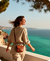 Woman walking by turquoise water
